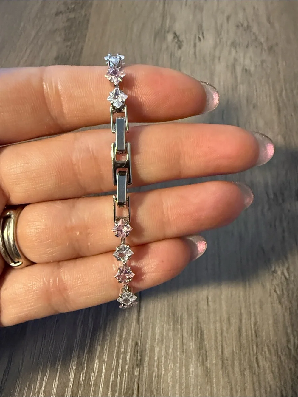 Silver Pink and White Crystal Tennis Bracelet